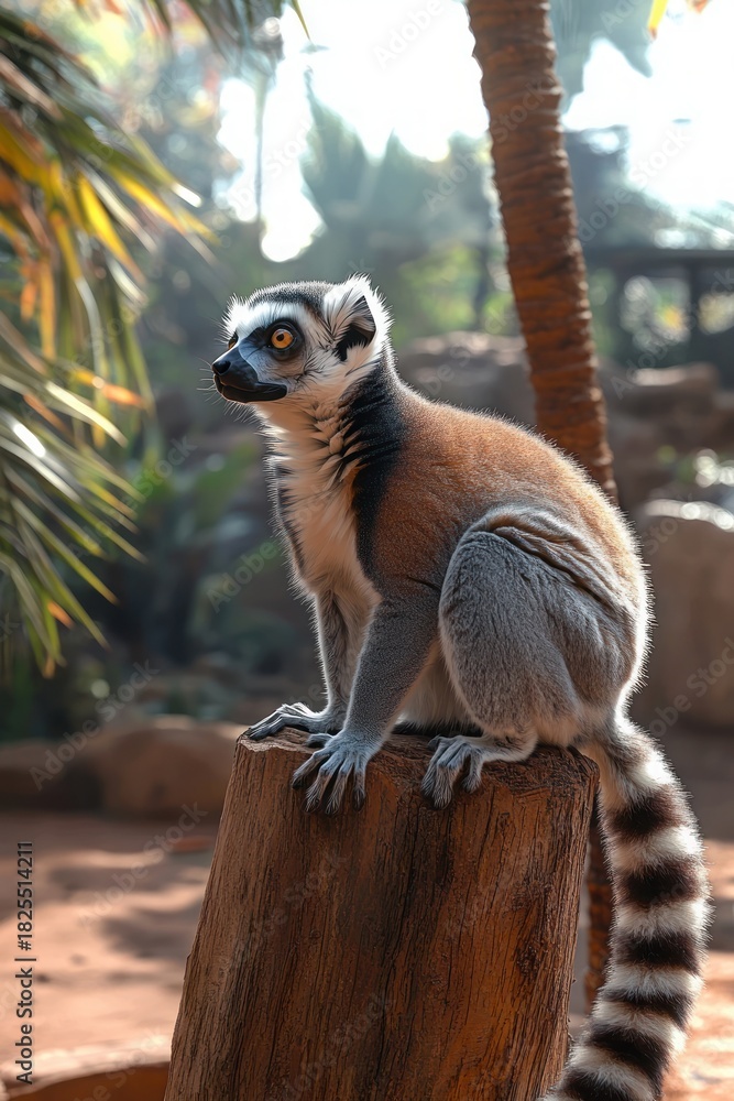 Obraz premium Alert ring-tailed lemur perched on a weathered stump in a sunlit tropical setting, calm curious expression with long striped tail