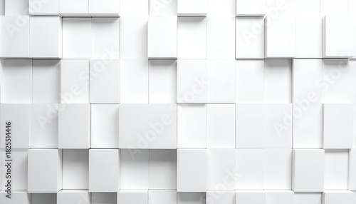 White 3D squares form a textured, geometric wall. Shadows and light create a layered effect