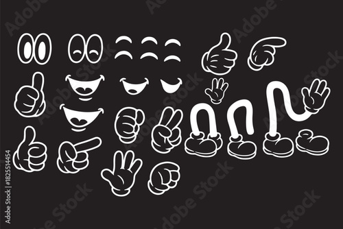 Set of vintage mascot elements. Line icons of arms, legs and facial expressions to create character in 30s style. Retro body parts. Cartoon outline vector collection isolated on white background 