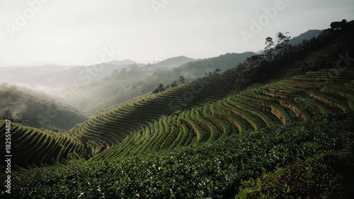 Lush Green Tea Terraces in Misty Mountain Landscape.