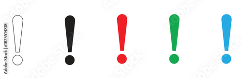 Multiple variants of bold exclamation mark icons, featuring an outline style alongside vibrant red, green, blue, and classic black solid fills, isolated on transparent background.