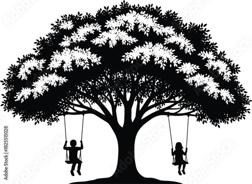 Detailed black and white silhouette vector of a majestic, leafy oak tree with two happy children swinging freely, symbolizing natural summer fun, freedom, and timeless childhood memories.