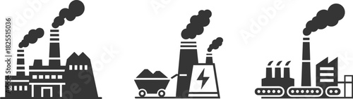 Industrial energy facility icons in minimalist black and white style showing mining, power production, coal processing, and manufacturing industry concepts