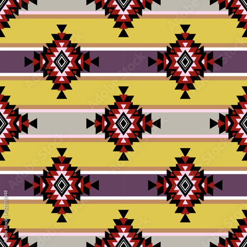 Geometric Ethnic pattern, Native American tribal fabric, tile, carpet, vector, illustration design, on purple and yellow background