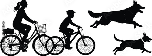 Black and white silhouette vector set featuring a mother and child riding bicycles together, accompanied by two running dogs, a large and a small one, symbolizing outdoor fun, pets, 