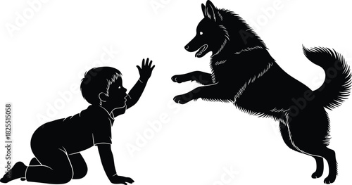 Detailed black silhouette vector illustration showing a happy baby toddler crawling on the floor reaching up to a large, playful dog jumping excitedly, symbolizing pet companionship, joy, 