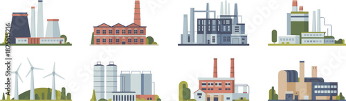 Industrial factory buildings and manufacturing plant illustrations, modern industry production icons, energy facilities set with environmental elements, vector design collection
