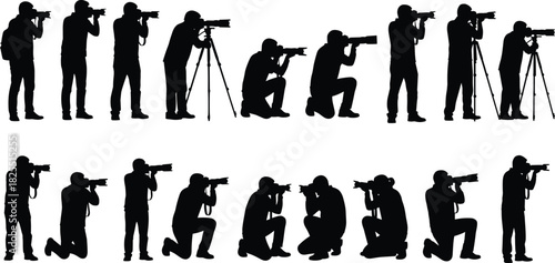 Large set of black silhouette vector icons showing professional photographers and photojournalists in various poses, standing, kneeling, and using tripods and telephoto lenses to capture images.