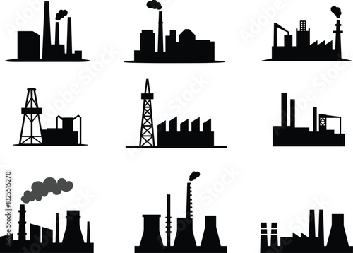 Industrial factory silhouette icons set, manufacturing plant symbols, refinery and power plant illustration collection, heavy industry vector elements