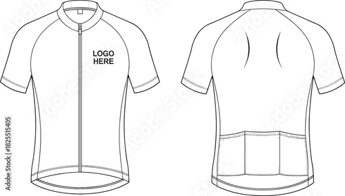 Short sleeve cycling jersey technical flat sketch, front and back view with rear pockets, vector illustration for sportswear design