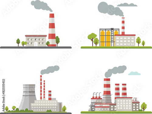 Industrial power plant landscape illustration featuring multiple factory buildings, smokestacks, electricity pylons, clean energy elements, and environmental infrastructure, modern vector design