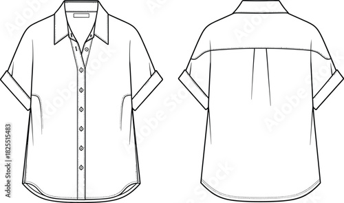 Short sleeve shirt, rolled cuffs, button up, back pleat, casual top, fashion technical sketch, template, cad drawing flat vector illustration