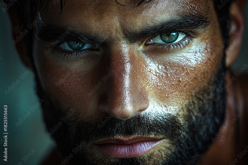 Fototapeta premium close-up split portrait of a bearded man showing wet skin, ear and jawline with an intense, moody, brooding expression in dramatic low light