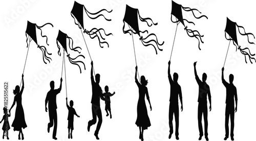 Silhouette collection of happy people flying kites, families with children and individuals playing outdoors, black and white vector illustration set.
