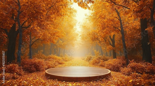 circular wooden platform in an autumn forest clearing with golden trees, sunlit misty path and carpet of fallen leaves, serene and magical atmosphere