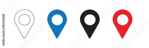 Multiple location pin icons in outline blue black and red variants isolated on a clean white background for travel and navigation graphic design elements.