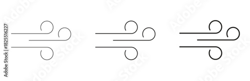 Multiple variants of simple line art wind icons, symbolizing air current, breeze, weather, and dynamic movement, presented as a versatile set isolated on transparent background.