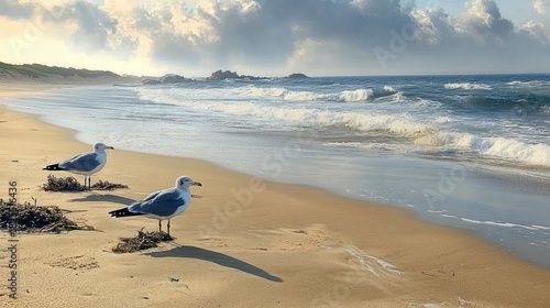 Two seagulls standing on a sunlit sandy beach by seaweed with rolling waves, distant rocky outcrops and cloud-filled sky, evoking a peaceful, contemplative seaside calm