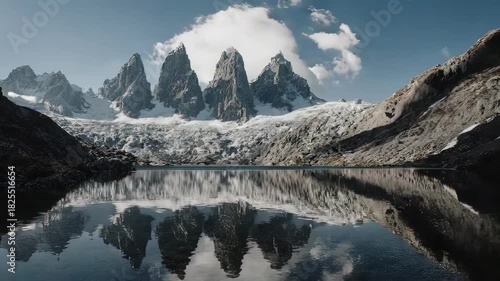 Majestic Mountain Peaks Reflected in a Serene Alpine Lake with a Glacier.