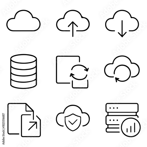 9 Cloud and Data Management Line Icons Set
A clean set of 9 black-and-white line icons representing cloud computing, data syncing, file sharing, and server monitoring. Perfect for apps, dashboards.