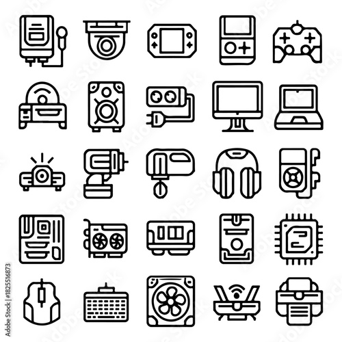 Gaming and Tech Hardware Icons – Color and Line Set
A complete set of icons featuring gaming and tech hardware in both color and line styles. Includes controllers, monitors, CPUs, headsets, webcams.