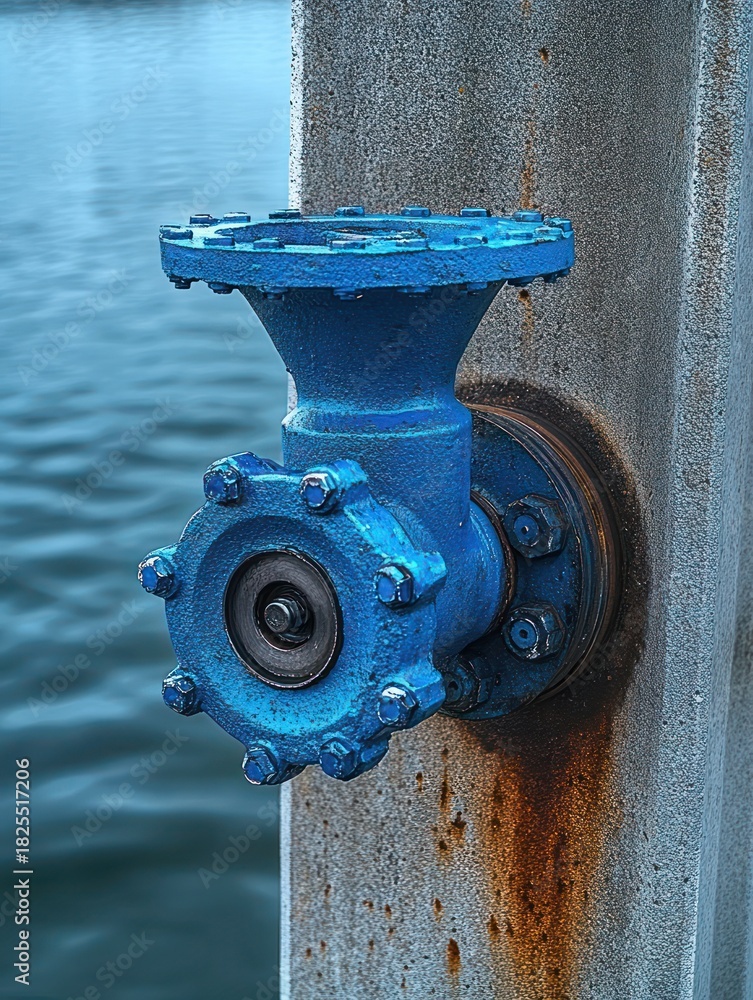 Fototapeta premium Weathered blue industrial valve bolted to rusted steel post above calm water, sturdy and solitary