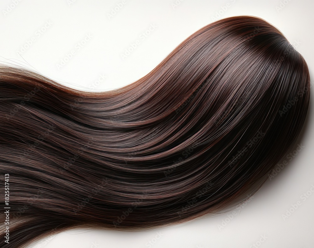 Fototapeta premium Long glossy chestnut brown hair flowing in smooth silky waves on a white background, evoking elegance and softness