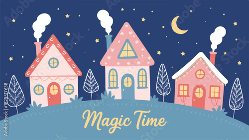 Winter Christmas landscape with snowy houses and trees