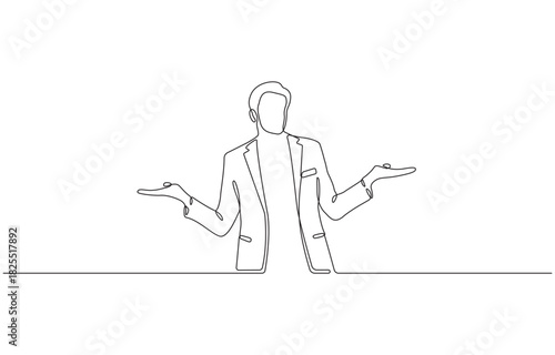 Continuous one line drawing of a person shrugging with open hands conveying uncertainty or a lack of knowledge isolated on transparent background.