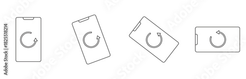 set of smartphone icons showing rotation and orientation in portrait and landscape modes with a circular arrow indicating device rotation functionality isolated on transparent background