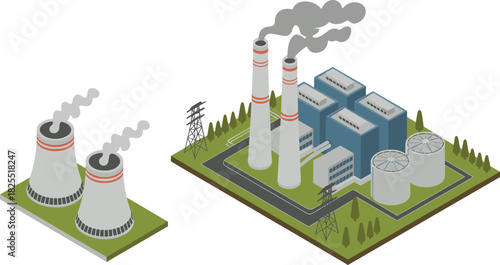 Isometric power plant illustration, industrial energy facility with cooling towers, smokestacks, electricity grid infrastructure, fossil fuel station, environmental impact concept design