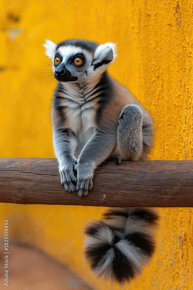 Naklejka premium Ring tailed lemur perched on a wooden beam against a vivid yellow wall, fluffy striped tail hanging down, alert curious expression