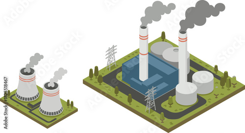 Isometric power plant illustration, industrial energy facility with cooling towers, smokestacks, electricity grid infrastructure, fossil fuel station, environmental impact concept design