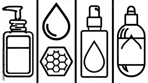 Skincare and Beauty Product Line Art Icons Set with Pump Bottles, Serum Droplets, and Honeycomb Pattern for Cosmetics.