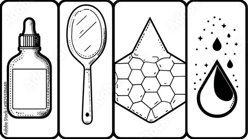 Dermatology and Skincare Icons Set: Serum Dropper Bottle, Hand Mirror, Skin Cell Structure, and Hydration Drops. Beauty Science.