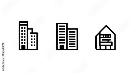 Minimalist Building Icons Vector Set. Modern Cityscape Architecture, Skyscraper, and House Outline Symbols. Urban Property Graphics.
