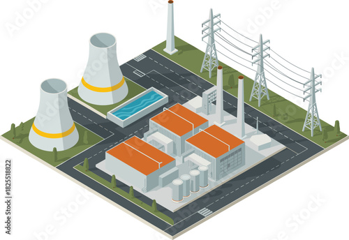 Isometric power plant illustration, modern industrial energy facility, cooling towers, electricity production infrastructure, renewable energy concept, detailed 3D design
