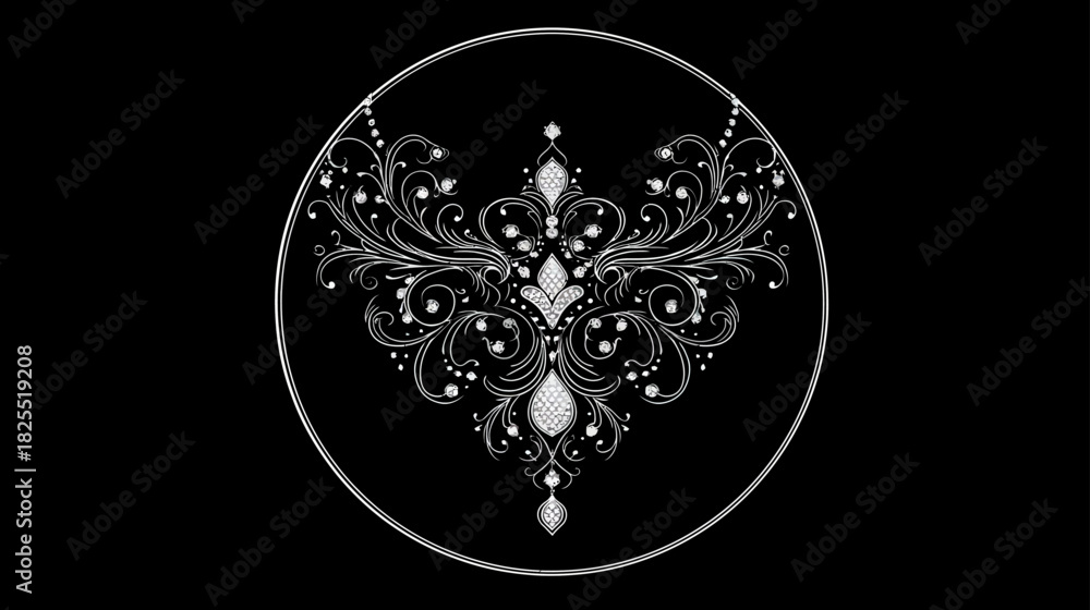 Fototapeta premium Elegant symmetrical silver ornamental design with intricate scrollwork, delicate dots, and teardrop shapes, framed in a circle on a black background.