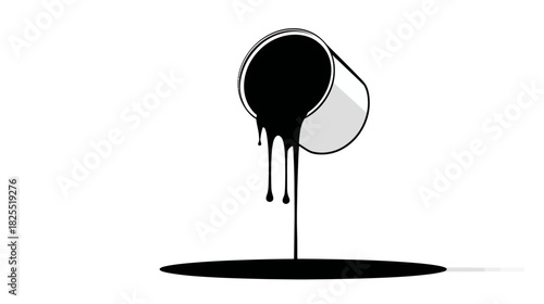 Spilled black paint dripping from an overturned can, forming a messy puddle. Graphic illustration of liquid art material.