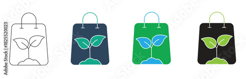 set of shopping bag icons with growing plant and leaves symbolizing eco-friendly shopping and sustainable lifestyle choices isolated on white background