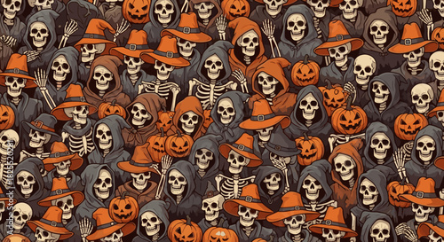 A spooky halloween gathering of skeletons wearing hats and hoodies, surrounded by carved pumpkins, creating a festive and eerie atmosphere for the holiday season