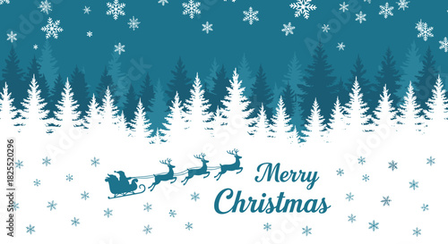 A festive christmas scene with santas sleigh flying over a snowcovered forest under a snowfall, wishing everyone a merry christmas on a white background