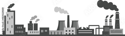 Minimalist industrial city skyline, factories with smokestacks, power plant silhouette, pollution concept illustration, monochrome factory landscape, heavy industry scene