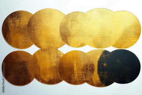 Eight overlapping textured gold discs arranged in two rows on a white background with one disc partly black, minimal elegant abstract composition