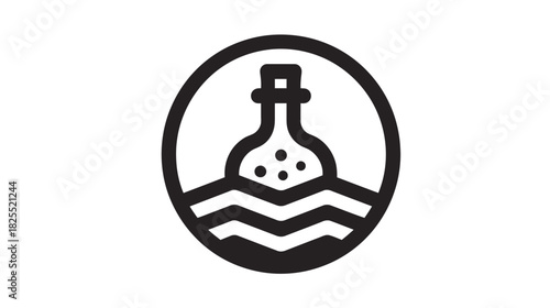 Chemical flask in liquid waves minimal icon design. Science experiment bottle with bubbles graphic element. Laboratory research symbol illustration.