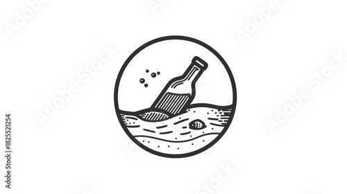 Hand-drawn black and white icon of a glass bottle half-buried in textured sand, suggesting a beach or desert discovery
