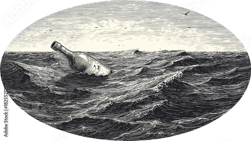 Antique engraving of a message in a bottle floating on rough ocean waves under a cloudy sky, vintage maritime discovery