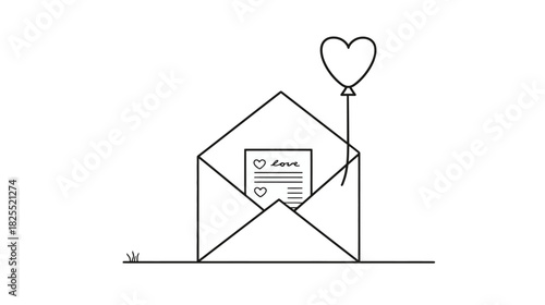 Love Letter in Envelope with Heart Balloon, Minimalist Line Art Illustration for Romantic Messages and Special Delivery Concept