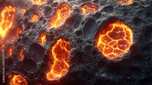 porous black rock pocked with glowing molten lava cavities, cracked incandescent magma visible beneath a charred crust, intense heat and raw otherworldly energy