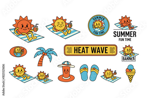 cute retro summer fun time and heat wave sticker set